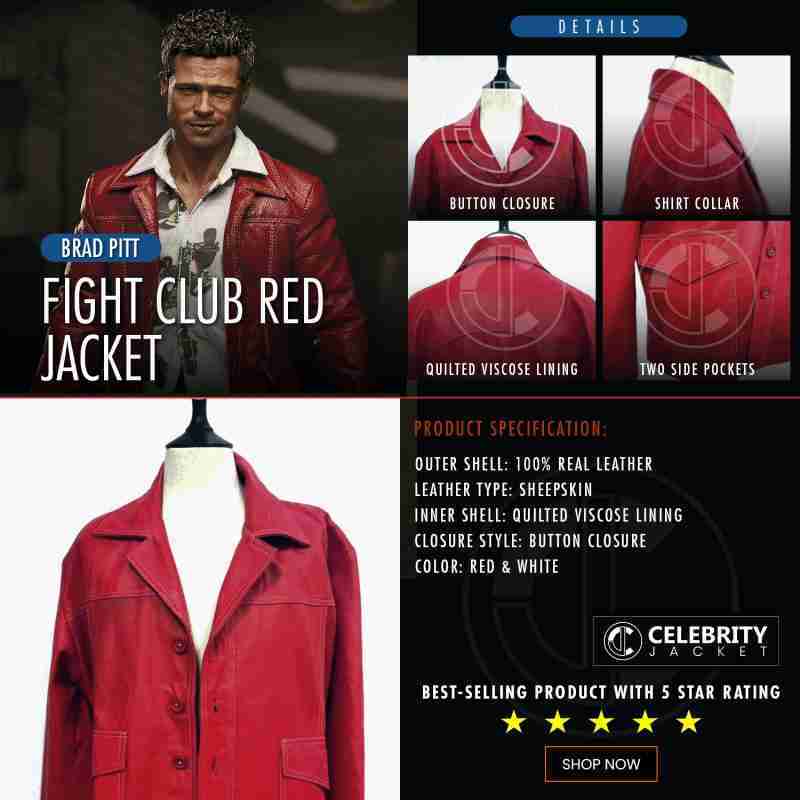 Infographics of Tyler Durden's red leather jacket from Fight Club - Celebrityjacket