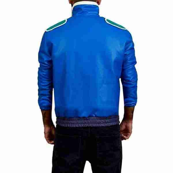 Back of Johnny Cage's Mortal Kombat 11 blue leather jacket
