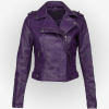 Women's purple biker leather jacket from the front
