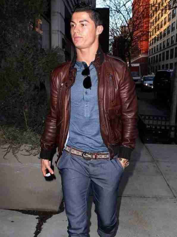 Cristiano Ronaldo wearing brown military style bomber leather jacket