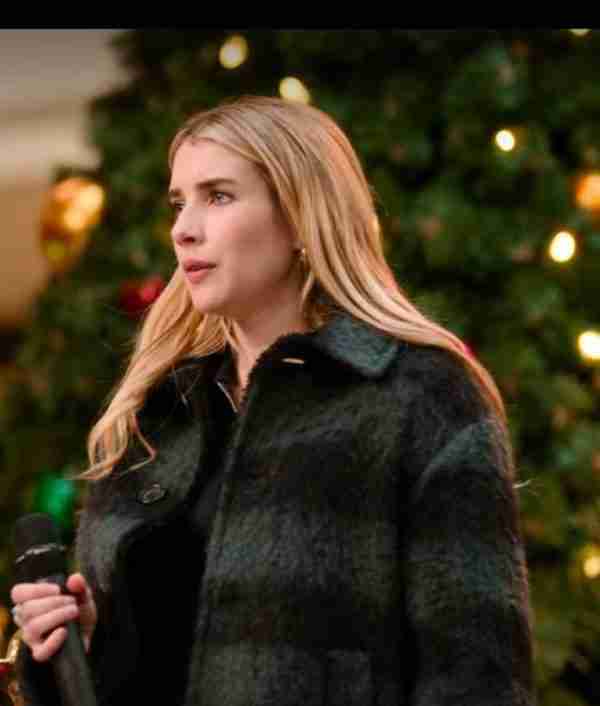 Emma Roberts wearing her gray plaid coat as Sloane in the movie Holidate 2020