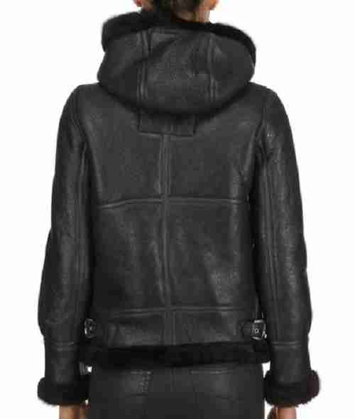Black Leather Aviator Jacket with warm Fur Hood from the back