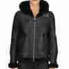 Women's black leather aviator hooded jacket seen from the front