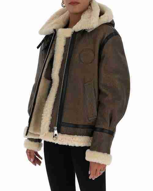 Brown shearling jacket with hood for women