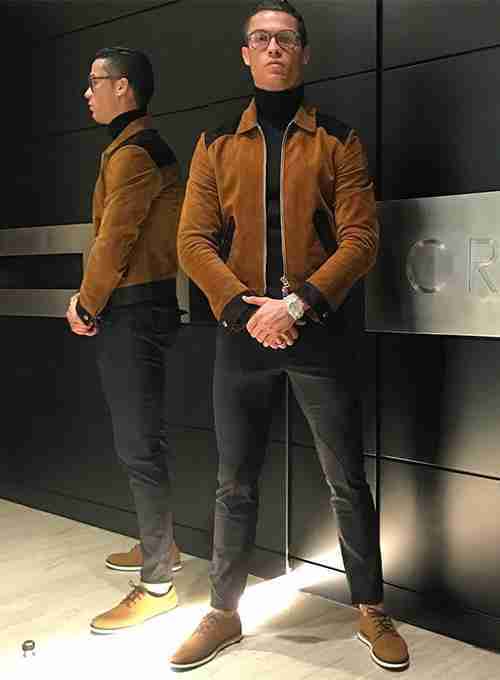 Cristiano Ronaldo wearing caramel brown soft suede leather jacket