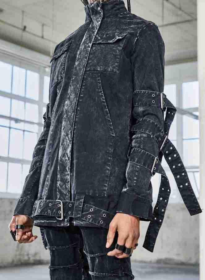 Bassline washed black denim jacket being worn by male model