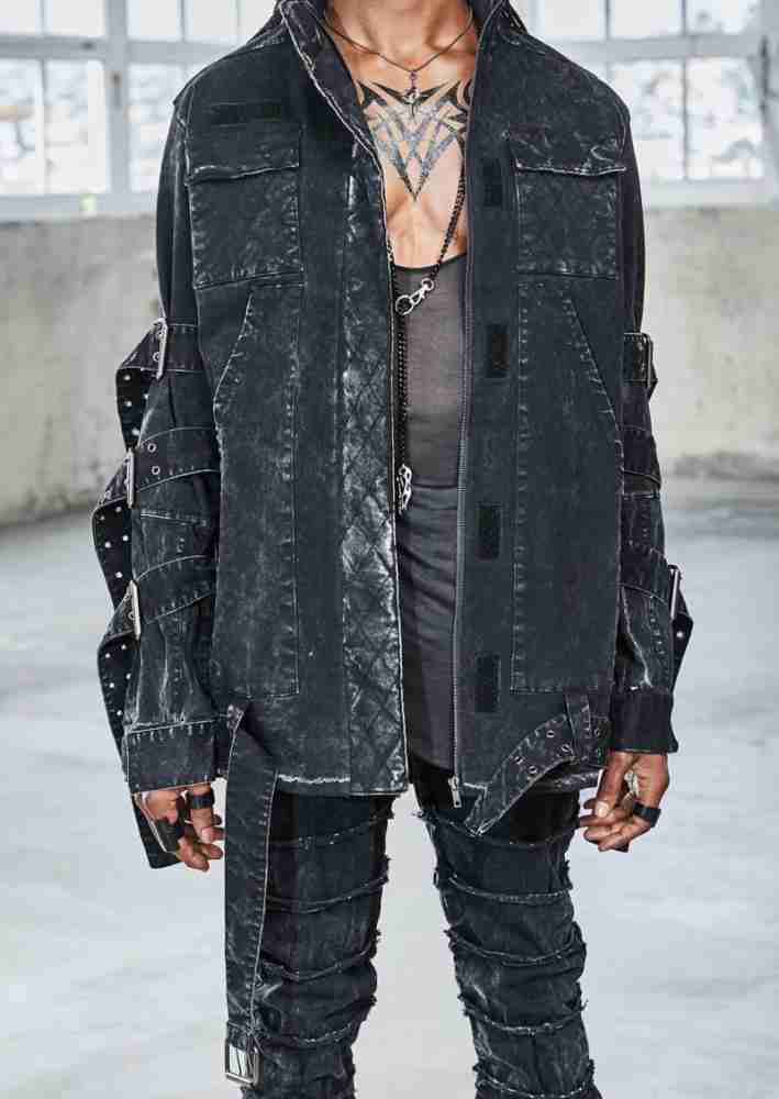 Male model wearing bassline washed black denim jacket