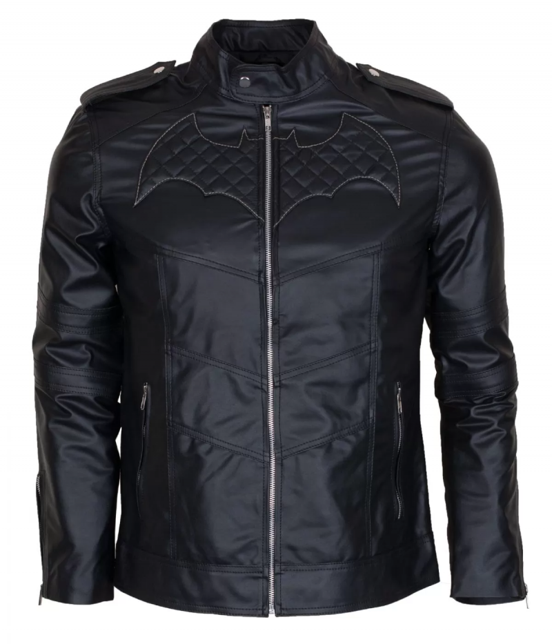 Batman Beyond's black biker leather jacket with logo quilted at front