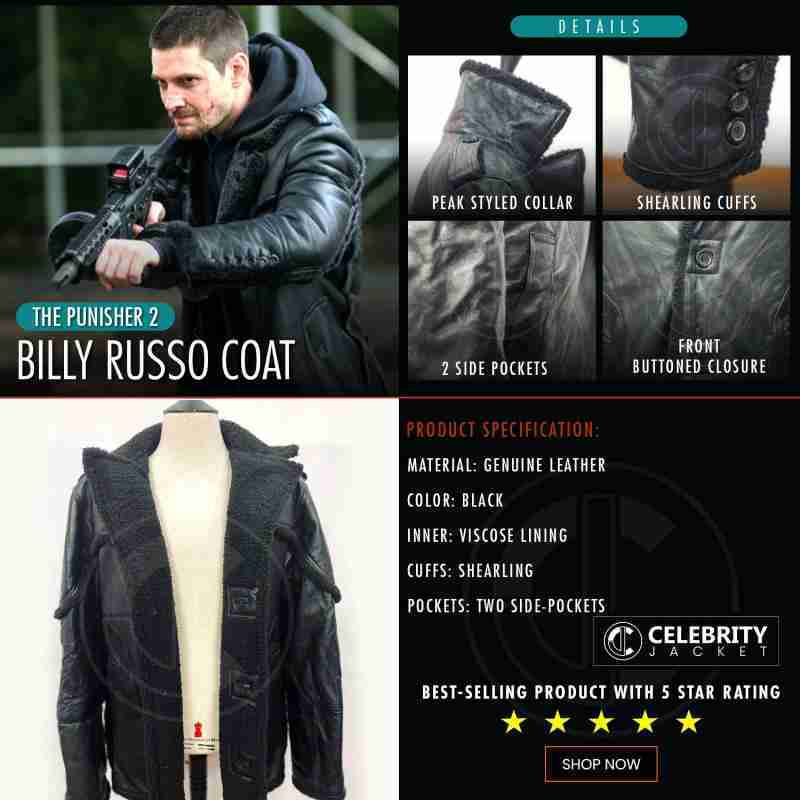 Infographics of the black shearling jacket of Jigsaw from The Punisher Season 02