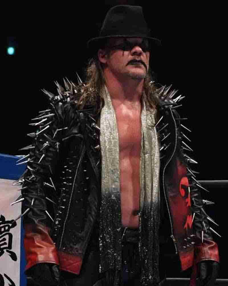 Chris Jericho in his iconic spiked and studded black leather jacket in AEW