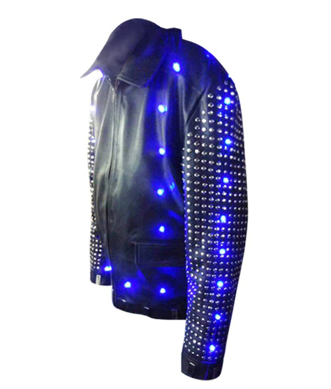 Side view of Chris Jericho's black leather light-up jacket