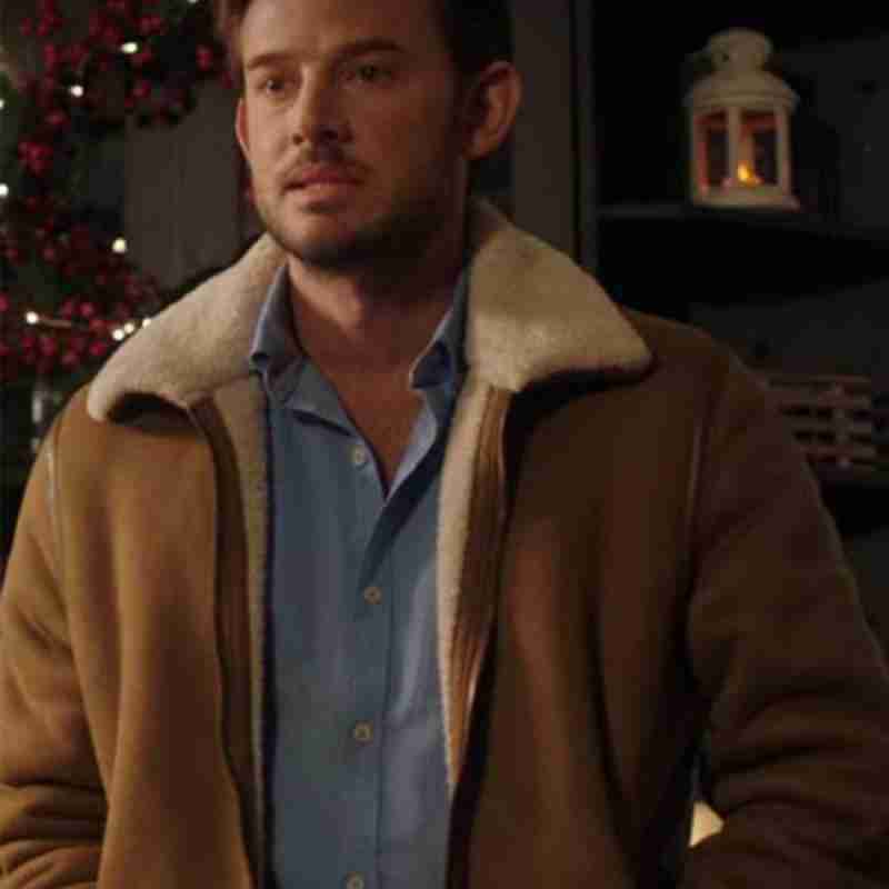 Evan Williams as Jack Russo wearing a brown suede shearling lined jacket in Midnight At The Magnolia