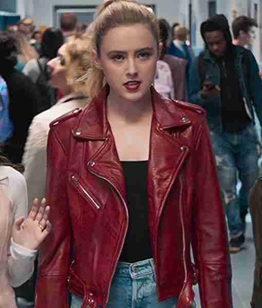 Kathryn Newton as Millie Kessler in the Freaky movie wearing a red leather jacket