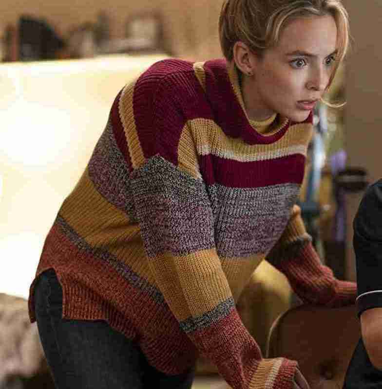 Jodie Comer as Molotov Girl featured in the movie Free Guy in a striped woolen sweater