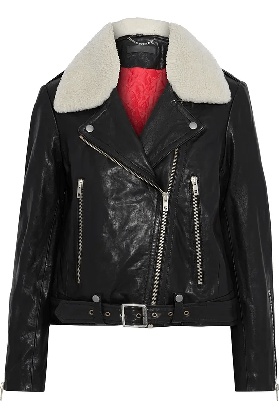 Shearling trimmed biker washed leather jacket for women - front view