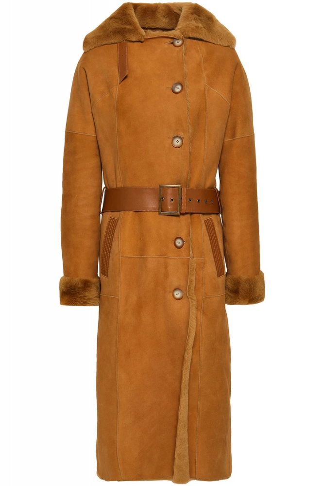 Shearling trimmed camel brown suede leather longcoat