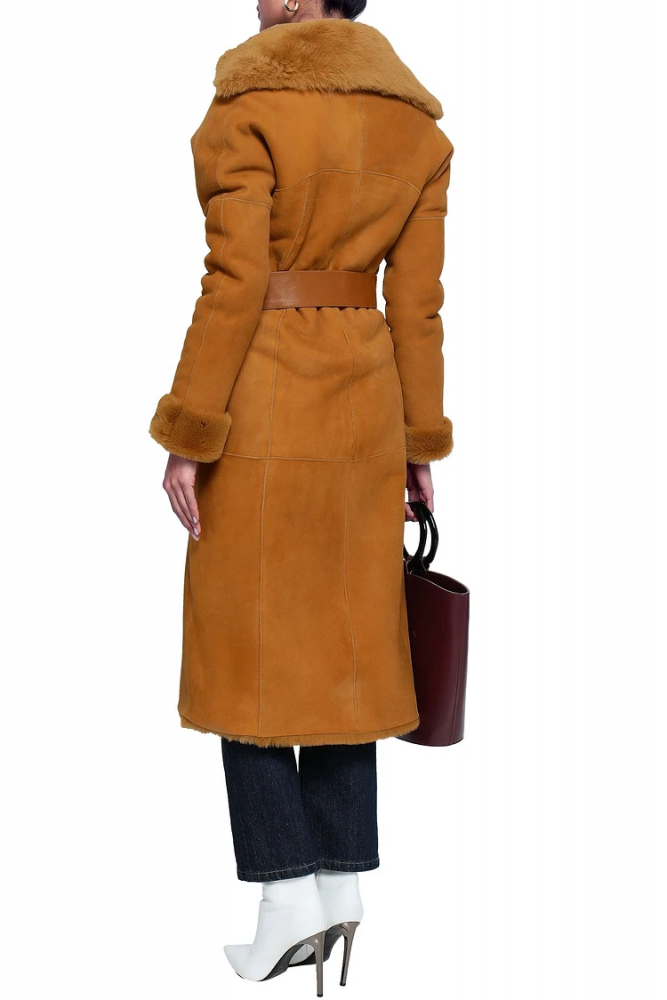 Full back view of camel brown suede leather longcoat