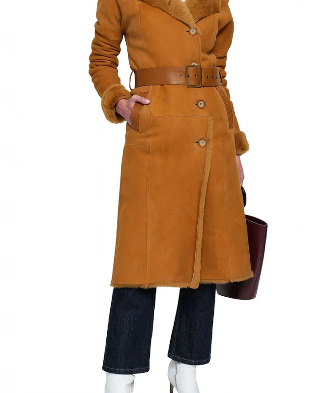 Full front view of camel brown belted suede leather longcoat