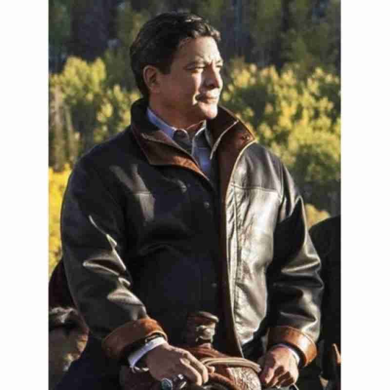 Gil Birmingham as Chief Thomas Rainwater from Yellowstone wearing a black leather jacket