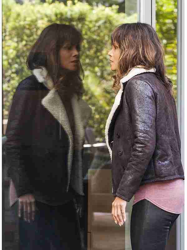 Halle Berry as Molly Woods in a dark brown shearling jacket