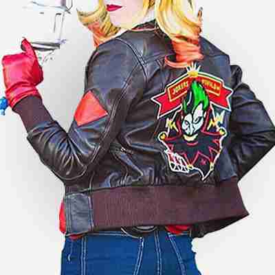 Harley Quinn cosplay in bombshell brown aviator jacket
