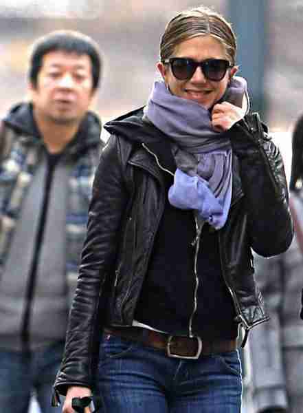 Jennifer Aniston seen wearing a black biker leather jacket