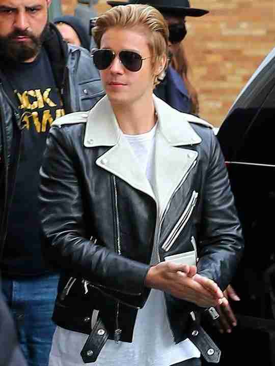 Justin Bieber in his elegant black brando style leather jacket