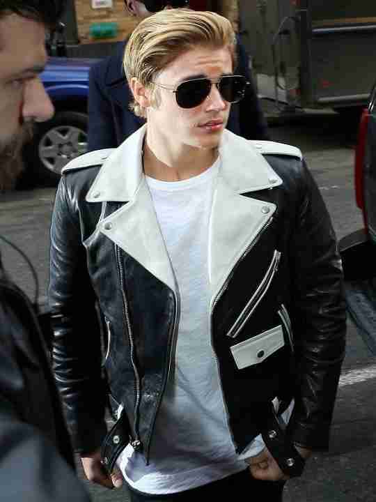 Justin Bieber seen wearing a black brando style leather jacket