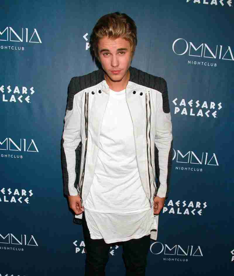Justin Bieber at Caesars Palace in a white and black leather jacket