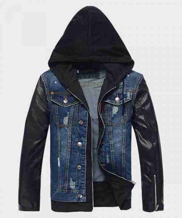 Mens hooded denim jacket with leather sleeves