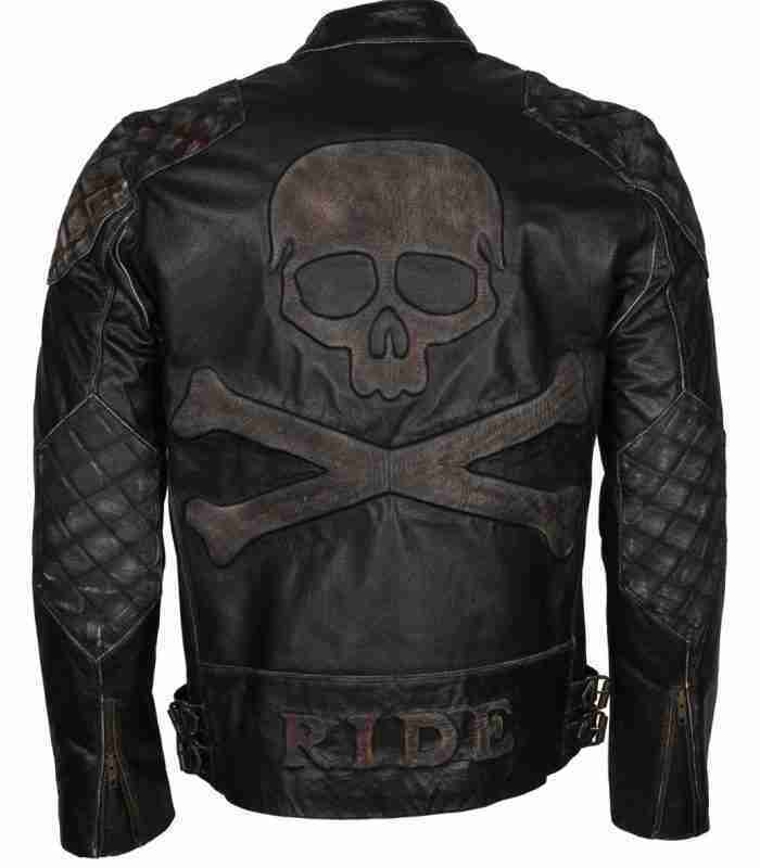Embossed skull at back of men's vintage black motorcycle leather jacket
