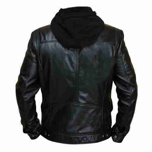 Back of Brando style black leather slim fit hooded jacket