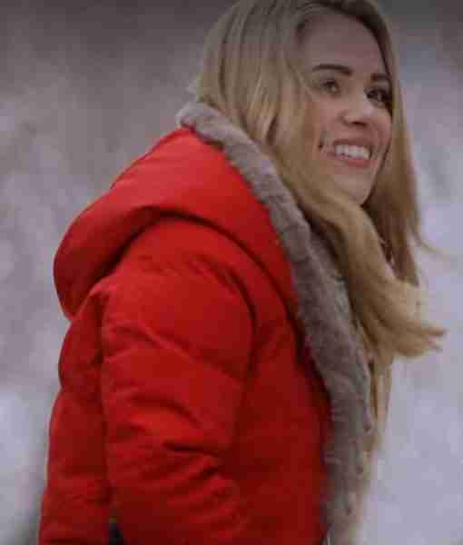 Natalie Hall's red hooded coat in Midnight At The Magnolia