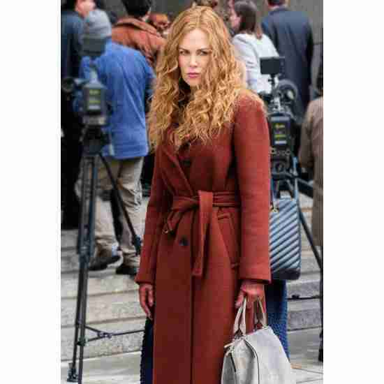 Nicole Kidman as Grace Fraser seen on the set of The Undoing TV Series wearing a maroon wool longcoat