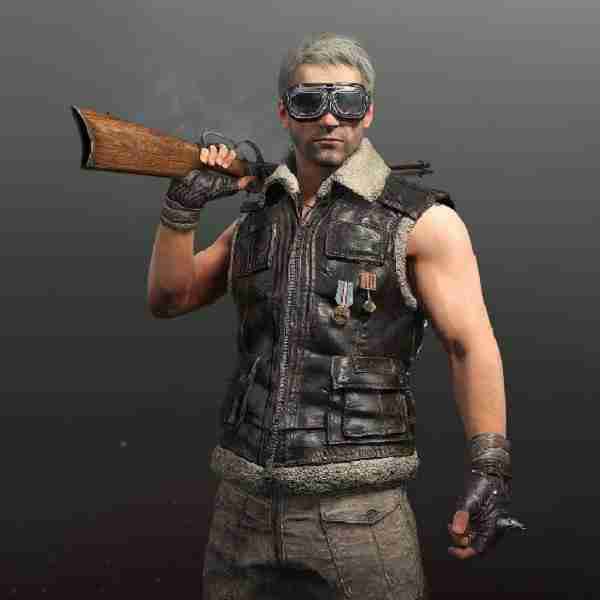 Playable character wearing dark brown shearling leather vest from PUBG