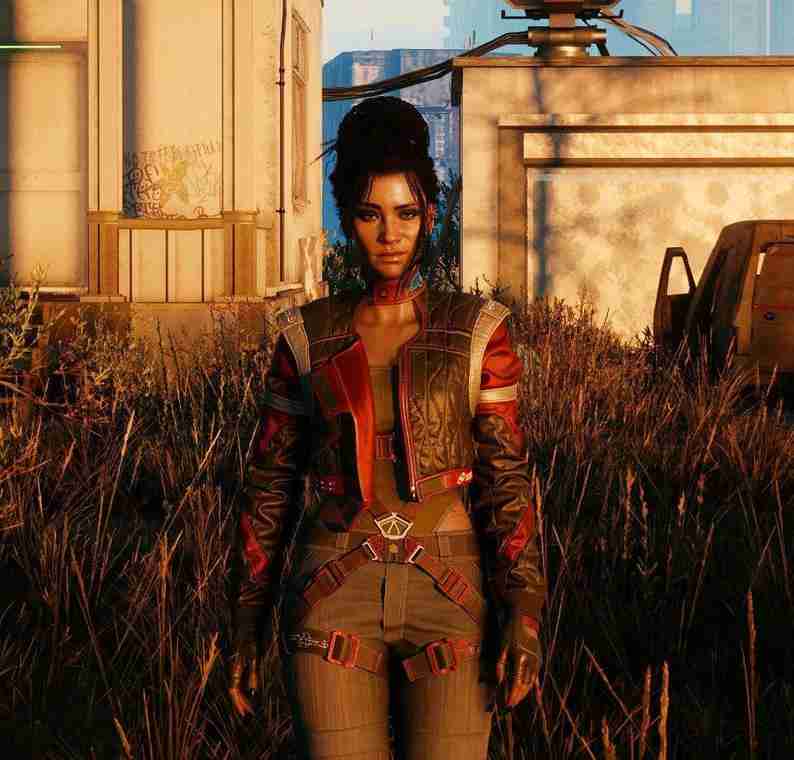 Panam Palmer from Cyberpunk 2077 wearing a cropped leather jacket
