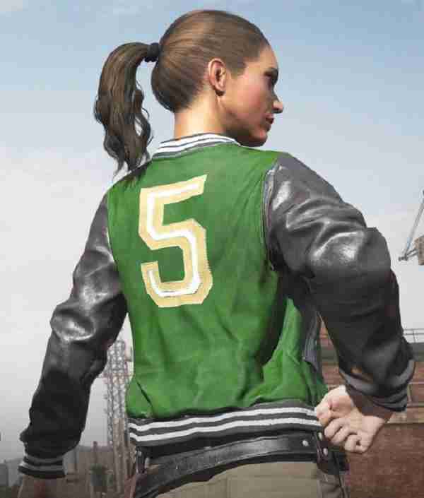 Female game character wearing the M5 green varsity jacket in PUBG