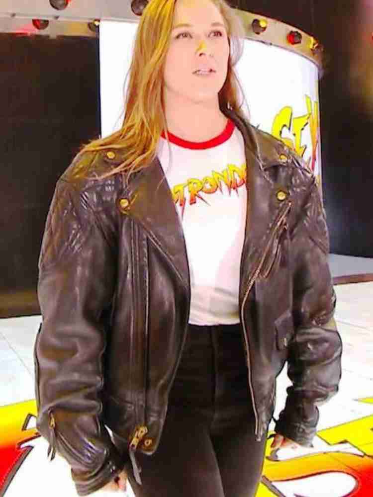 WWE star Ronda Rousey on her Royal Rumble in a quilted leather jacket
