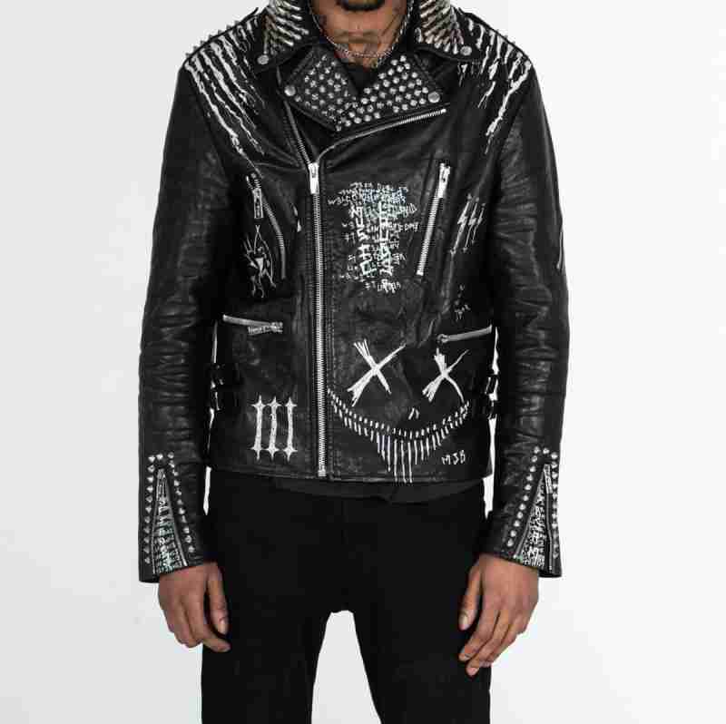 Studded biker hand-painted black leather jacket - front