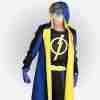 Static Shock cosplay wearing black and blue mutlicolor hooded costume jacket
