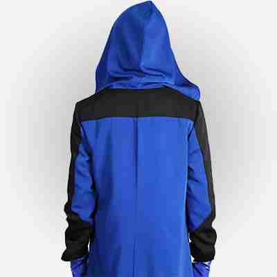 Back view of Static Shock black and blue hood leather jacket