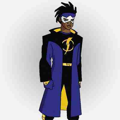 Static Shock in his black blue and yellow full costume