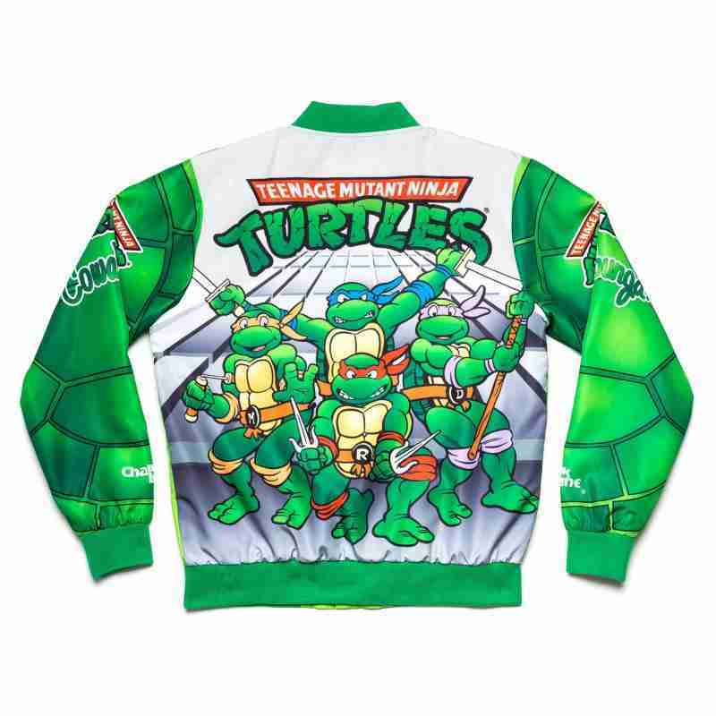 Back of TMNT themed green printed bomber jacket