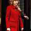 Taylor Swift seen wearing a bright red mid-length red woolen coat during the Ruby Red Week