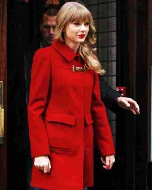 Taylor Swift seen wearing a bright red mid-length red woolen coat during the Ruby Red Week