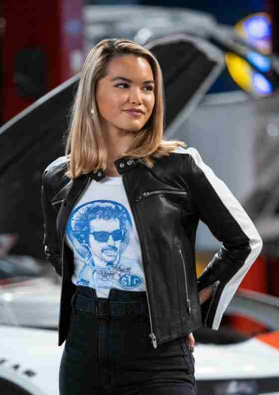 Paris Berelc in The Crew by Netflix wearing a black leather jacket