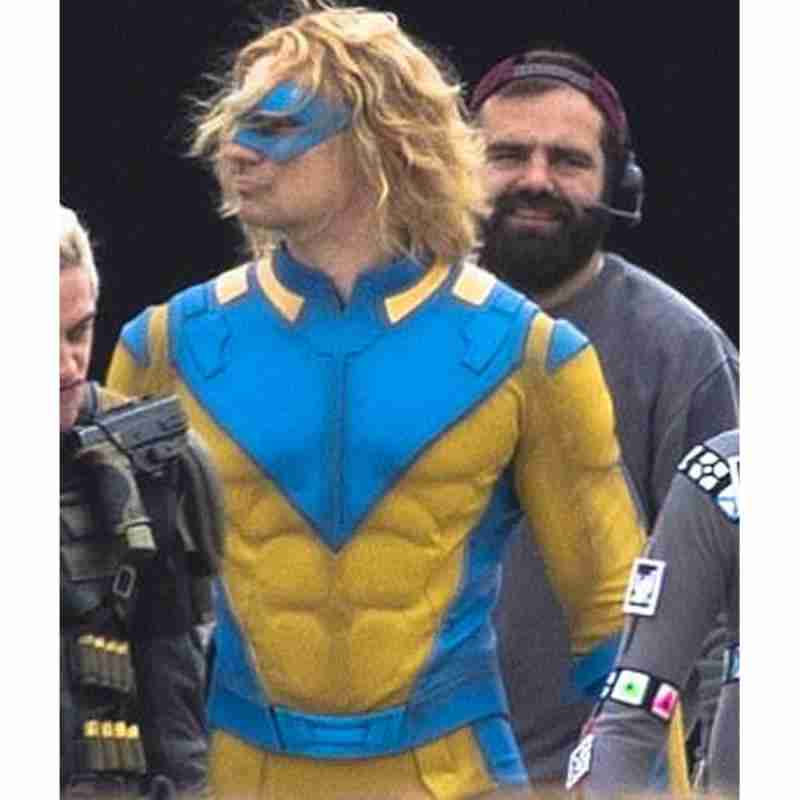 The Javelin (Flula Borg) on the set of Suicide Squad 2 in a blue and yellow leather jacket