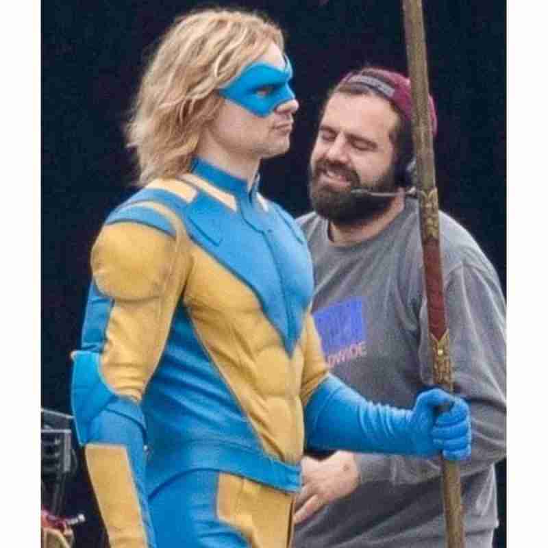 Flula Borg as the Javelin on the set of Suicide Squad 2 wearing a blue and yellow leather costume