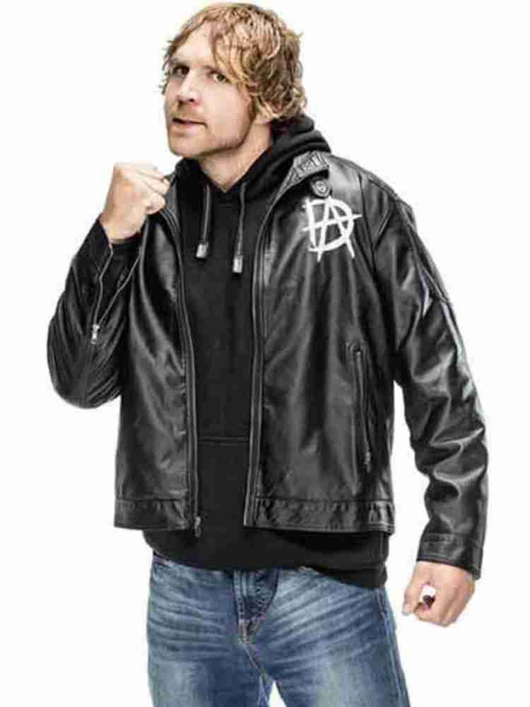 Dean Ambrose wearing his iconic logo imprinted black leather jacket