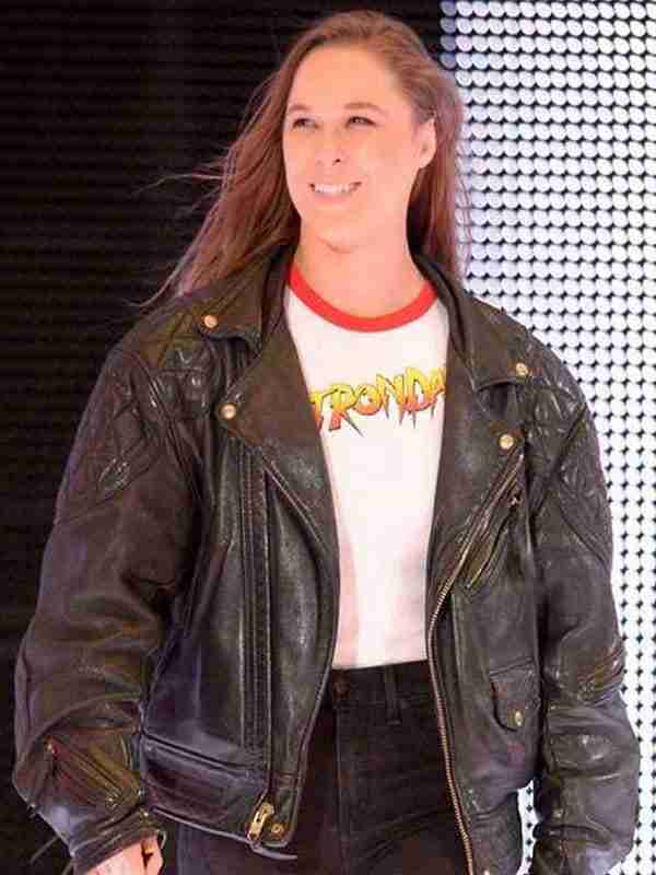 Ronda Rousey in a black leather quilted jacket in WWE Royal Rumble